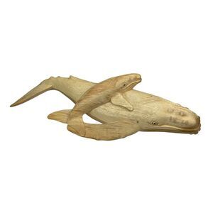 Beautiful Carved Teak Wood Humpback Whale and Baby Tabletop Statue 20 Inch